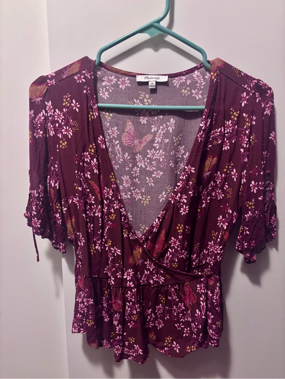 Madewell Tie-Sleeve Wrap Top in Butterfly Sanctuary - Size 00